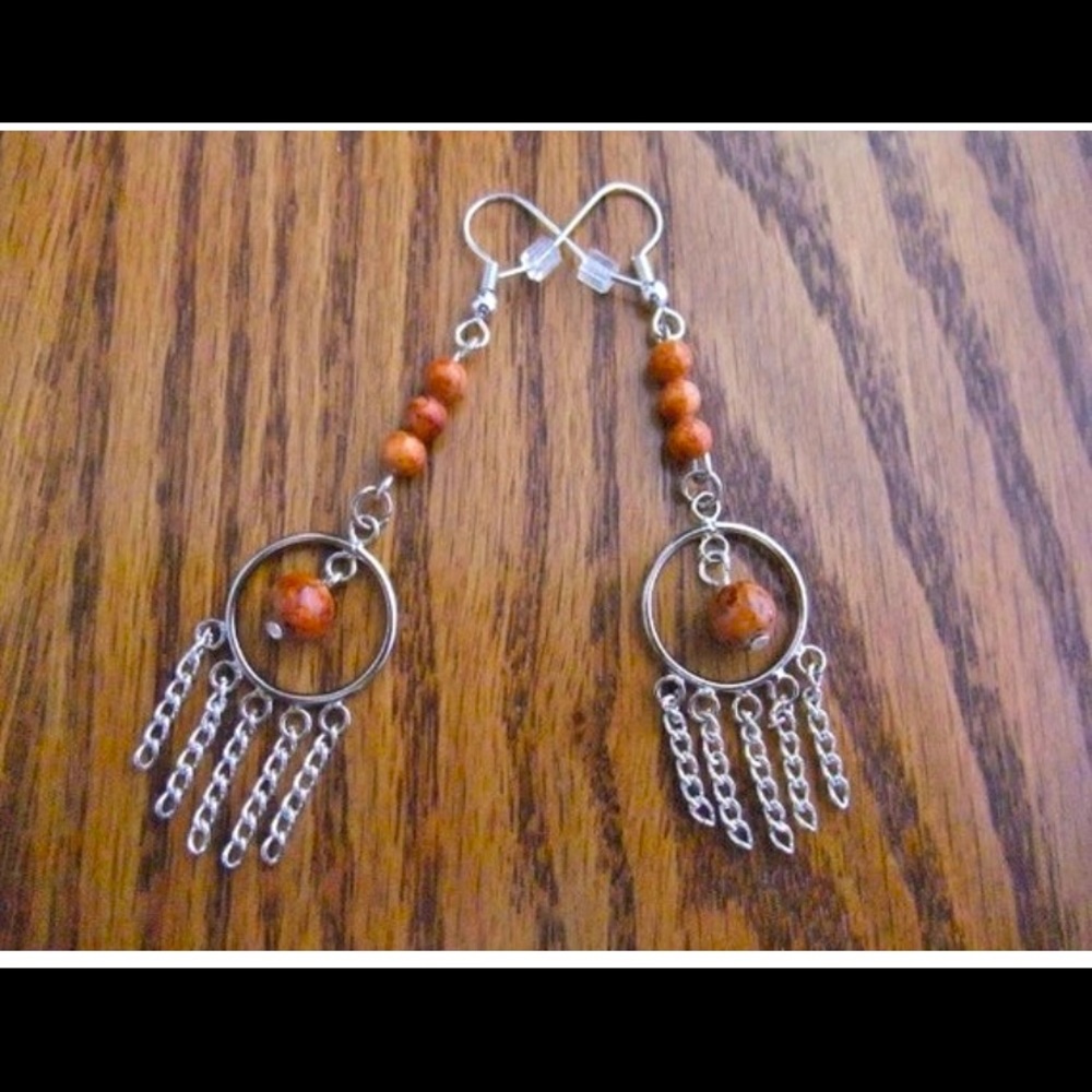 Handmade Women’s Brown Bead Dangle Pieced Earrings